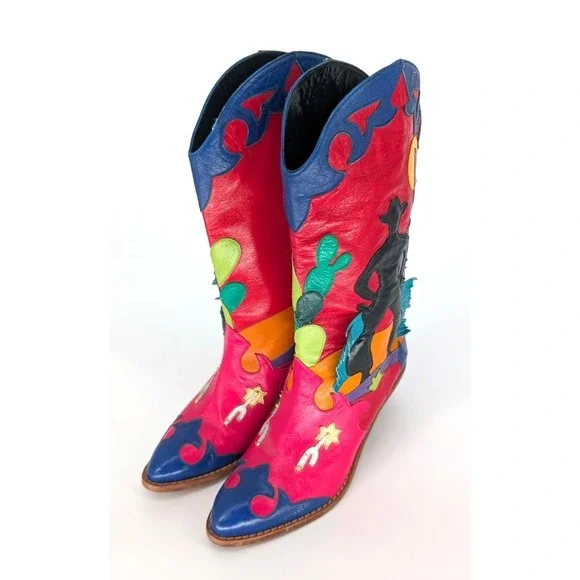 VTG Zalo Multicolor Leather Fringe Cowboy Boots 6.5 Western Boho Festival Art